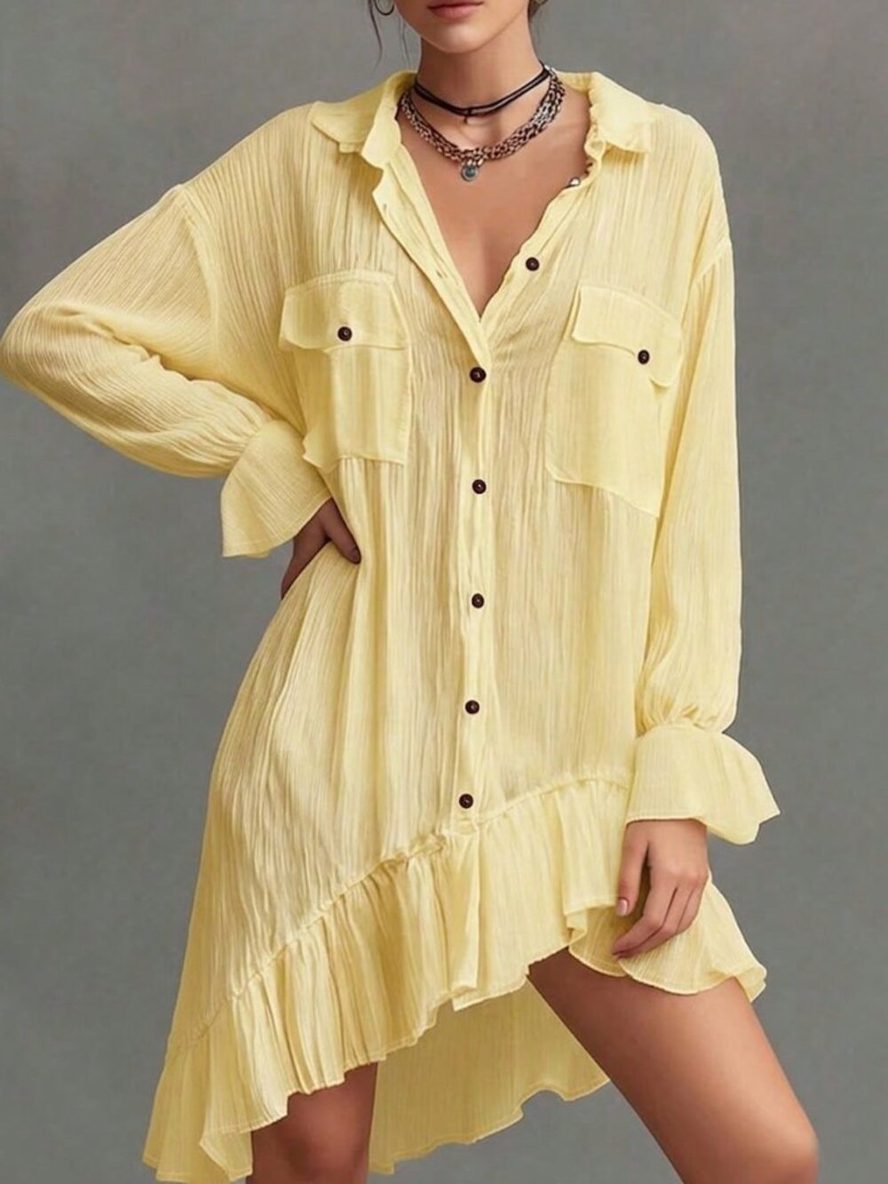 Light Yellow Casual Women's Textured Button Flare Sleeve Ruffle Hem Pocket Dress - Picture 3 of 4